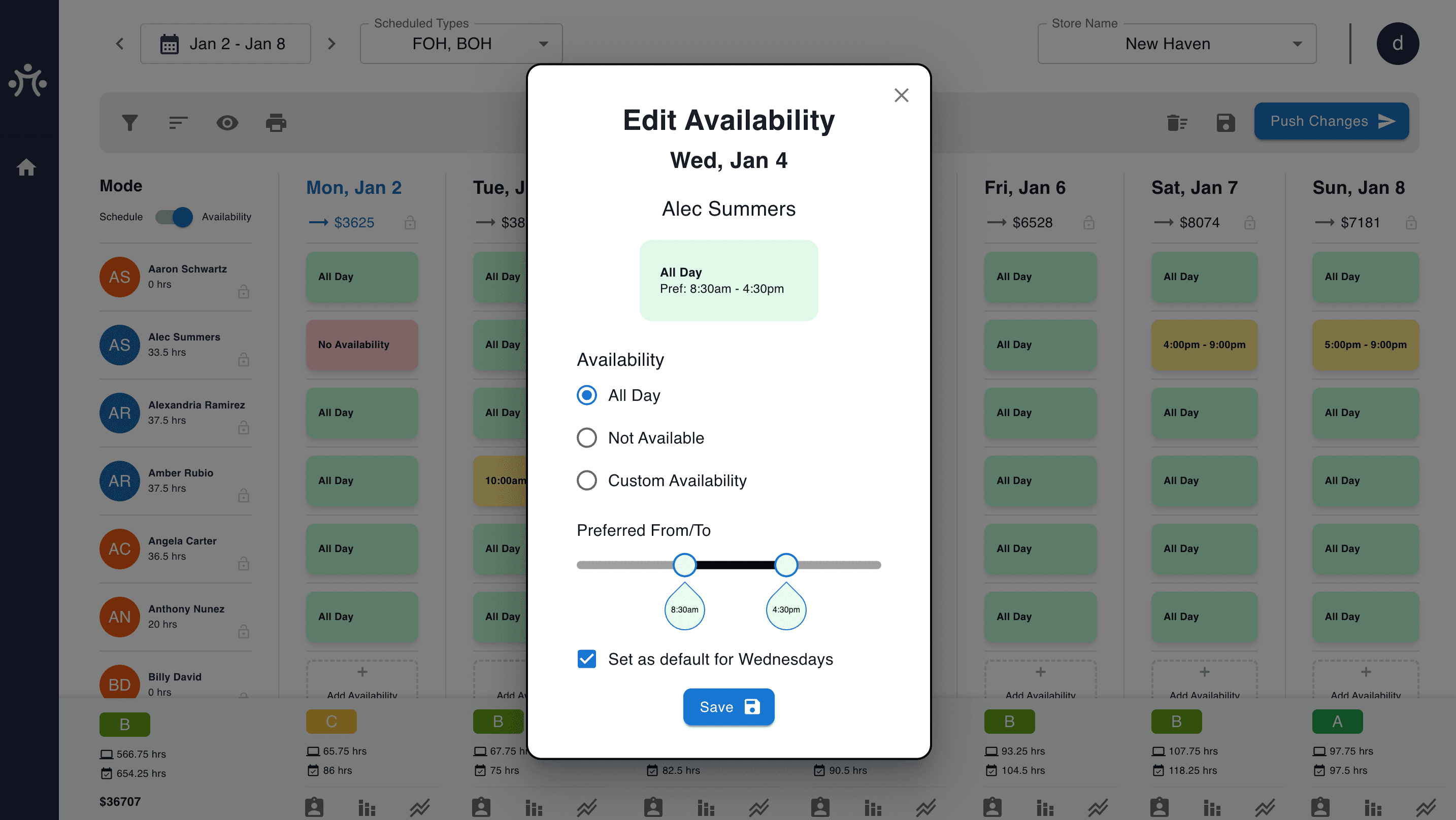A screenshot of an Edit Availability modal showing all the potential inputs for a particular employee's availability and preferred times.